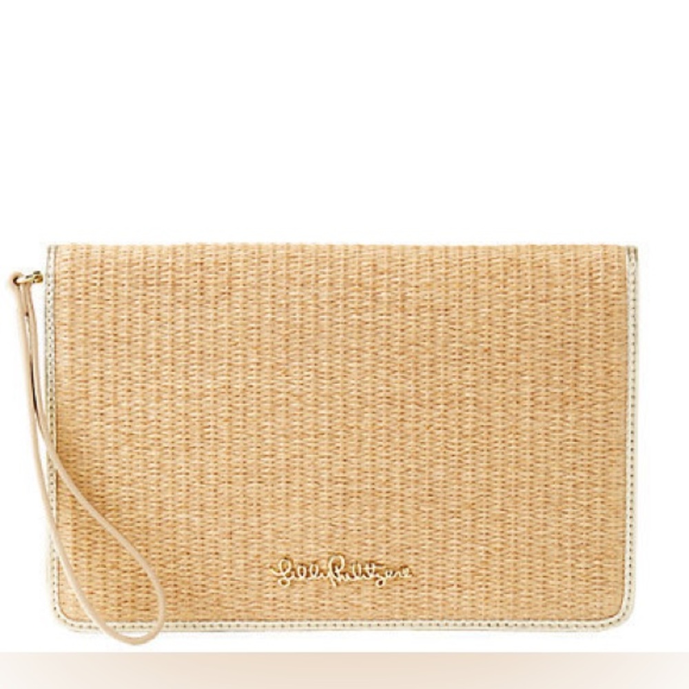 Lilly Pulitzer Woven Tan Wristlet with Gold Trim